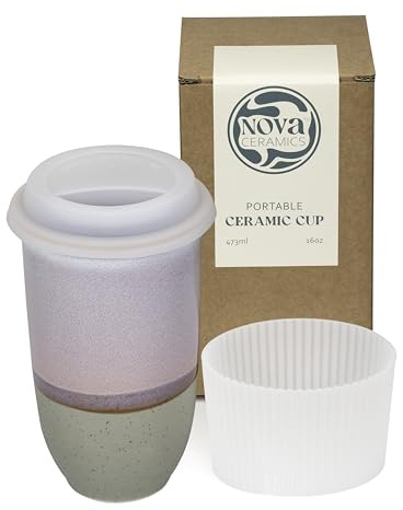 NOVA CERAMICS Coffee Travel Mug – Reusable To Go Mug – Microwave & Dishwasher Safe White & Purple Tumbler - Gifts For Women Men Him Her – 16oz – Horizon