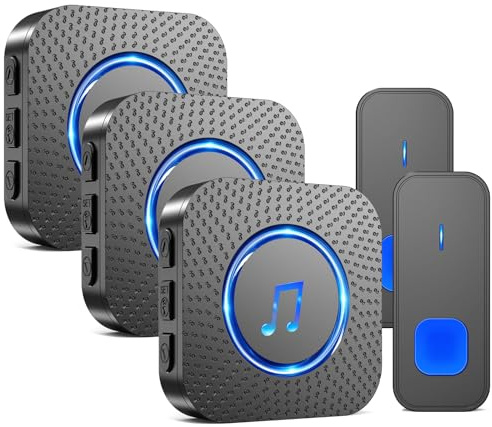 SURFOU Sonnette sans Fil, 400M Sonnette Longue Portée Exterieur Étanche Electronique, Kit de Carillon avec Récepteurs Enfichables pour la Maison, LED Bleu (3 noir récepteur + 2 noir émetteur)