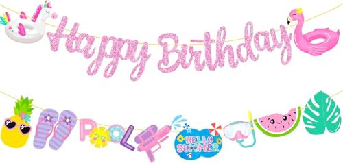 Fiesta Cumpleaños Piscina Banderolas Verano, Hawaiana Leis Verano Flamingo Piña Decoraciones Fiesta Playa Decoraciones Hawaiana Banderolas Feliz Cumpleaños Happy Birthday Banner (A)