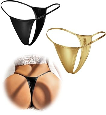 comeondear Dam Stringtrosa PU Läder 2 Stycken Stringtrosa Låg Midja Bikini T-Back Trosor Plus Size Micro Stringtrosor Mini-String Underkläder Brasilianska Underkläder, 2-svart + guld, S