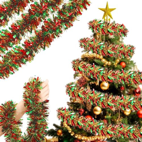 Noaxylic 5 Pcs x 2m Guirnalda Navidad, Guirnalda de Oropel, Guirnaldas Navidad, Espumillón árbol Guirnaldas, Decoración Verde Metálico para Árbol, para Decoración Pared Ventana Escalera Regalos