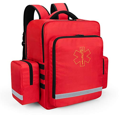 Trunab Emergency Medical Backpack Empty, First Responder Trauma Bag with Detachable Side Pockets and Anti-Slip Bottom for EMT, Paramedic, Nurses, Tactical Medics, Home Care, Bag Only, Red