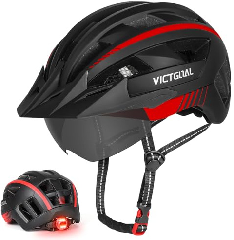 Victgoal Bike Helmet for Men Women with Led Light Detachable Magnetic Goggles Visor Mountain & Road Bicycle Helmets Adjustable Size Adult Cycling Helmets (M: 21.3-22.8 inch (54-58 cm), Black Red)