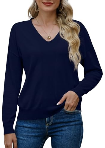 PrinStory Maglione da donna con scollo a V, a maniche lunghe, tinta unita