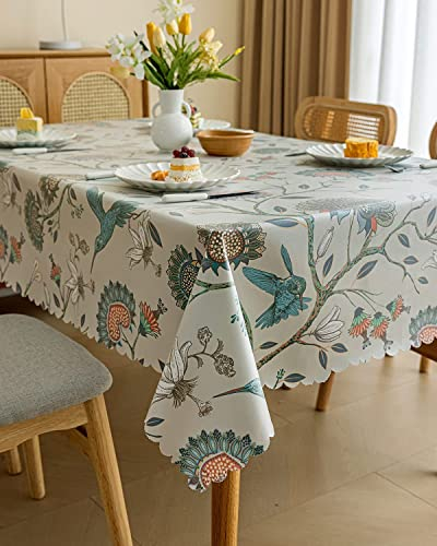 LIVETTY Wipe Clean Table Cloth, Fabric Table Cloth Rectangle Table 135x200cm, Waterproof Oil-Proof Coating, Washable Fabric Table Cover for Kitchen and Dining Room (Bird & Flowers)
