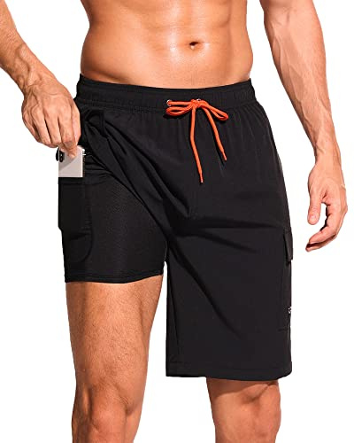 SILKWORLD Men's Swim Trunks with Compression Liner 9 Inch, Black, XL