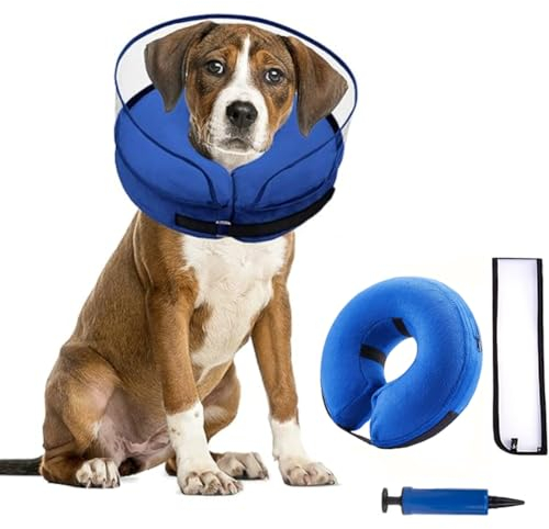 Halskrausen für Hunde,2-in-1 Aufblasbares Hundehalsband für Genesung nach Operationen oder Wunden, Hundekragen Schutzkragen Krägen für Haustiere Einstellbar Bequem Schutzkragen,Blau L