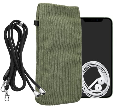 kwmobile Handytasche für Smartphones XXL - 7 Handy Tasche - Cord Handy Hülle Graugrün mit Kordel - Tasche mit Handykette 17,7 x 9 cm Innenmaße