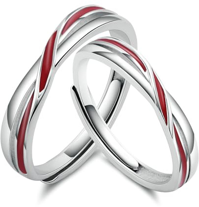 BCughia Anillos Pareja Plata de Ley 925, Anillo Compromiso I Love You Ajustable Línea Roja Anillo Promesa Banda de Boda