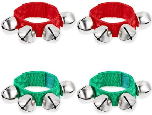 JJUNW 4 Stück Handgelenk Glocken, Einstellbare Glockenband Mehrfarbig Bells Handgelenk Glockenband mit 4 Glocken Percussion Spielzeug für Kinder Party Tanz Weihnachtsfeier(Rot+Grün)