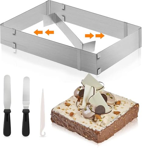 Gohytal Backrahmen Rechteckig Verstellbar, 6cm hohe Edelstahl Backblech Rechteckig mit Teiler&2 Tortenschneider,Backzubehör, das zum Backen von Halloween- und Weihnachtskuchen Verwendet Werden Kann
