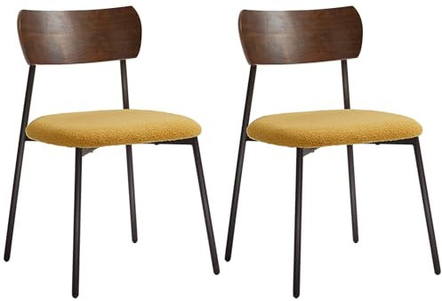 HOMCOM Lot de 2 chaises Salle à Manger Chaise de Cuisine Vintage Chaise de Salon rembourrée avec Assise Effet Bouclette, Dossier courbé Effet Bois pour Salon, Salle à Manger, Chambre, Jaune et Marron