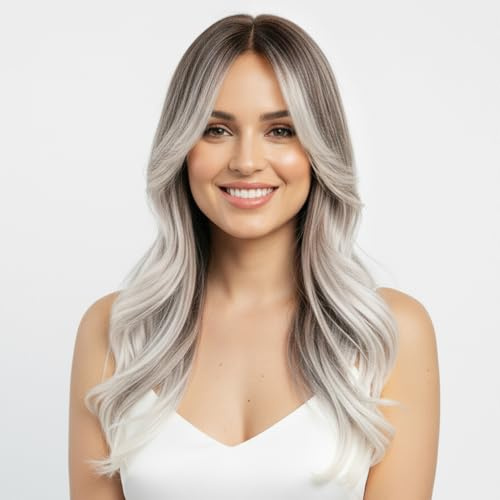 Simkaylee Lång vågig, brun, silvergrå, ombre-peruk med mörk ansats för kvinnor, lockar, blandade silver, grå, syntetiska hårperuker för kvinnor, karneval, fest, vardag, cosplay (60 cm)