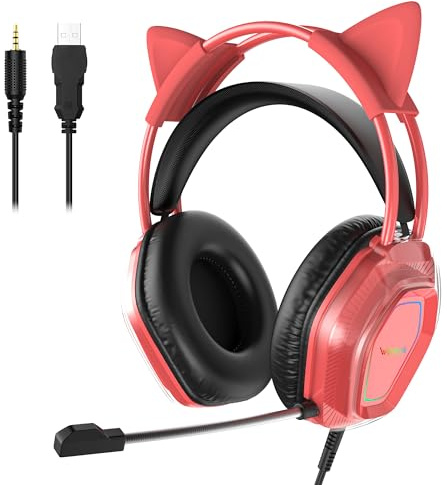Wantak Casque d'oreille de Chat avec Microphone, câble (3,5 mm/USB), Casque de Jeu pour PC/PS5/Xbox, réduction du Bruit, Son Hi-FI, 20 à 20 000 Hz, léger et Confortable pour Femme/Fille