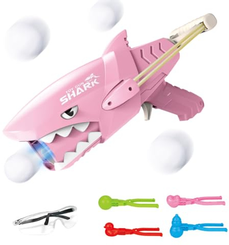 CutitiUU 1 PCS Shark Snowball Gun+4 PCS Snowball Clamps+1 Pair Goggles,Snowball Maker Clips,Outdoor Snow Ball Maker Toy,Winter Snowball Fight Toy,Snowball Launcher Toy Boys and Girls Games (Pink)