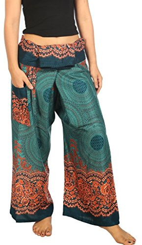 Lannaclothesdesign Women's Thai Fisherman Pants Yoga Trousers Wide Legs Pants (Large-X-Large, Teal Rose)