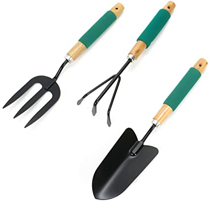 3 TLG. Gartenwerkzeug Set Handrechen Grabegabel Pflanzschaufel Schaufel Gartenrechen für Balkon, Terrasse und Garten