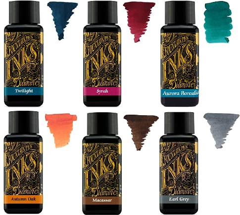 Diamine - 30ml Fountain Pen Ink - Colour Wheel - 6 x Bottles - Autumn Oak, Syrah, Macassar, Earl Grey, Aurora Borealis, Twilight