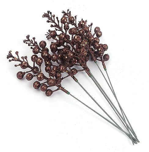 YYCRAFT Glitzer-Beerenstiele, künstliche Beeren, Picks für Weihnachtsbaumschmuck, DIY-Weihnachtskranz, Handwerk, Urlaub und Heimdekoration (16 Stück, braun)