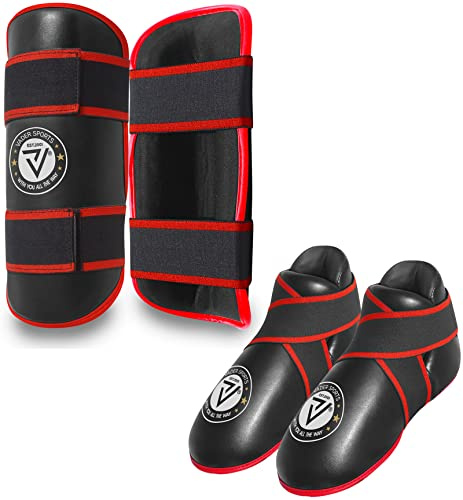 VADER SPORTS EST.2001 MED DIG ALLTID Kickboxning Taekwondo karate tävling/sparring fotkuddar och skenbensdynor set (svart, små/barn 7-10 år)