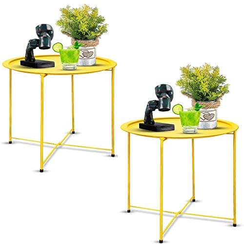 Garden 4 you End Table 2 PCS Metal Side Table Yellow Round Folding Tray Cyan Sofa Small Accent Fold-able Table, Round End Table Tray, Next to Sofa Table, Snack Table for Living Room and Bed Room