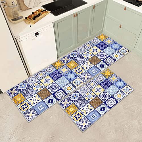 Küchenteppiche 2 Stück,Vintage rutschfest Waschbar Dauerhaft Küchenläufer Flurläufer, Anti-Müdigkeit Küchenteppich Teppich Läufer für Küche,Carpet für Badezimmer/Wohnzimmer Flur (F, 43x75+43x150cm)