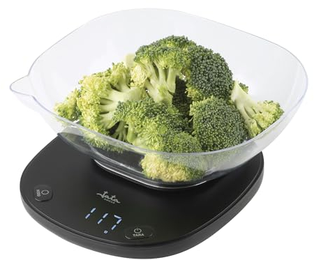 JATA HOGAR HBAL1709 Balance de cuisine numérique avec bol de 1 l, jusqu'à 5 kg, fonction tare, indicateur de surpoids et batterie faible, dimensions 17 x 21,5 x 8,5 cm