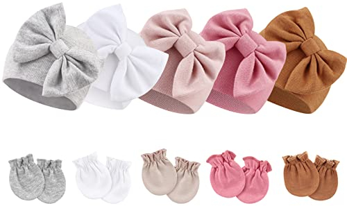 DRESHOW Neugeborene Baby Mütze Fäustlinge Krankenhaus Hut Beanie Säuglingshüte mit Schleife Baby Handschuhe for 0-6 Monate
