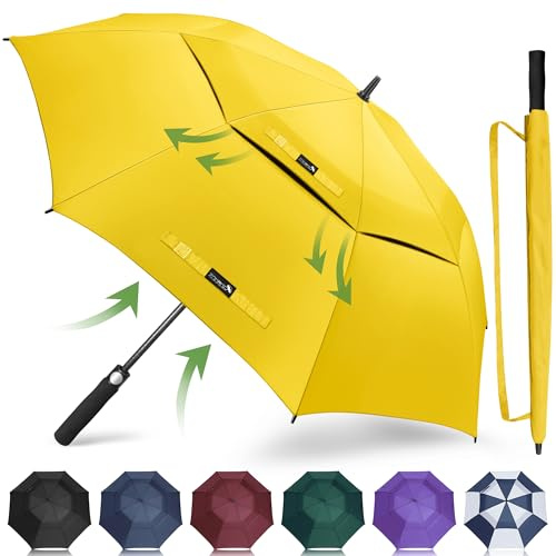 ZOMAKE Grand parapluie de golf 157 cm, automatique de grands parapluies de pluie résistant coupe-vent, extra large parapluie pour homme femme avec double auvent (jaune)