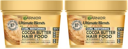 Garnier Hair Mask for Dry, Curly Hair | Cocoa Butter Hair Food by Garnier Ultimate Blends, 3-in-1: Pre Shampoo, Conditioner |97% Natural Origin | 100% Vegan Formula* 390 ml (Pack of 2)