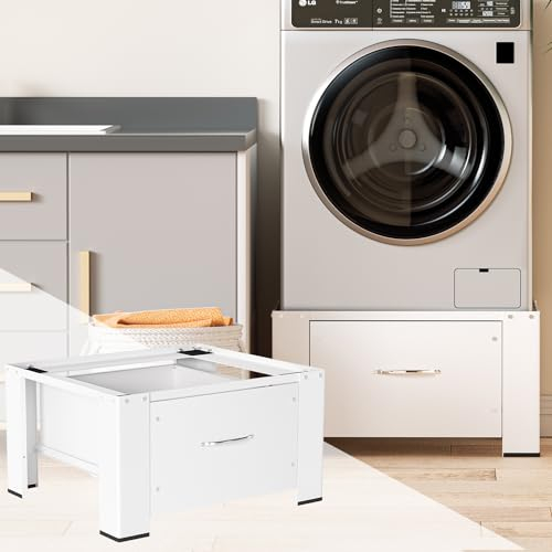 Ikodm 2x Waschmaschinen-Untergestell mit Schublade bis 150kg, Waschmaschinen-Erhöhung, Sockel max. Stahl Podest 62.5x54.5x32.5cm Weiß