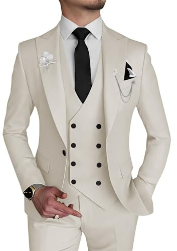 Wangyue Mens Suits Slim Fit 3 Piece Wedding Suits for Men Prom Tuxedo Beige Double Breasted Suit Formal Business,XL