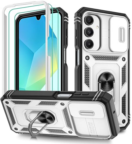 Pilaru 3 in 1 for Samsung A16 case with 2 Screen Protector & Kickstand Ring & Camera Cover Military Grade Drop Shockproof Protection [360 Full Body] Case for Samsung Galaxy A16,White/Black