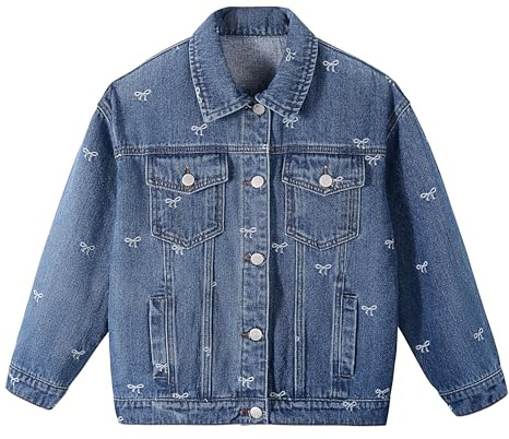 Rolanko Chaqueta de mezclilla básica desgastada para niñas, chaqueta de camionero con botones, Lazo azul, 10-11 años