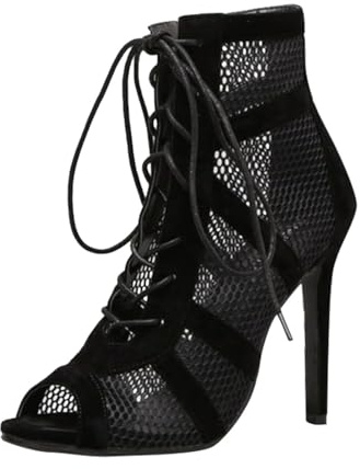 Women's Sandals with Heel - High Heels Sandals Sexy Pumps Peep Toe Open Ankle Boots Latin Standard Dance Shoes Mesh Evening Summer Dance Boots Bootie Performance Ballroom Lace-Up Shoes(5 UK) Black
