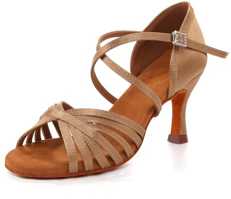 YCALCP Zapatos de Baile Latino Mujer con Puntera Abierta de para Salsa y Bachata de Salón con Tacón de 7.5 cm,Beige,38EU