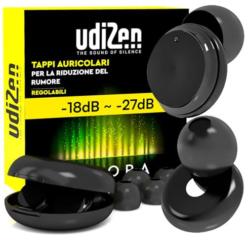 Bouchons d'oreilles Antibruit pour Voyager Dormir Étudier Protection Auditive -18dB ~ -27dB UdiZen Aurora - 1 Paire de Bouchons Réutilisables Ergonomiques Réduction du Bruit SNR Réglable avec Étui