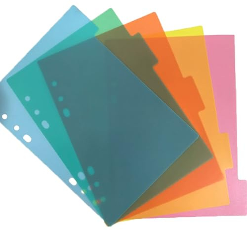 A5-separationsark för ringmapp, 5 separationsremsor i 5 färger, med 6 praktiska hål för horisontell eller vertikal fixering, perfekt för dokumentklassificering