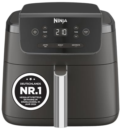Ninja freidora de aire de 4,7 l, monocajón, 3 en 1, fríe con aire, recalienta, deshidrata, 1-2 personas, digital, cocina sin descongelar, cajón y rejilla antiadherentes, 2000W, negra AF110EU