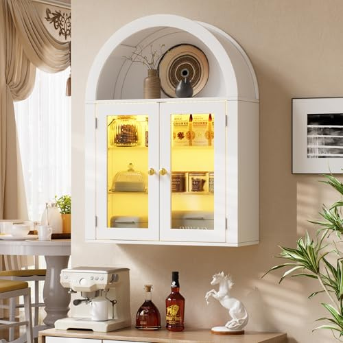 Gewölbter Wandschrank mit LED Beleuchtung & Glastüren,Hängeschrank Bad Weiß,Moderner Wandschrank in Bogenform, Badezimmerschrank Hängend für Küche & WC, Vitrine mit offenem Fach & Gold-Griffen