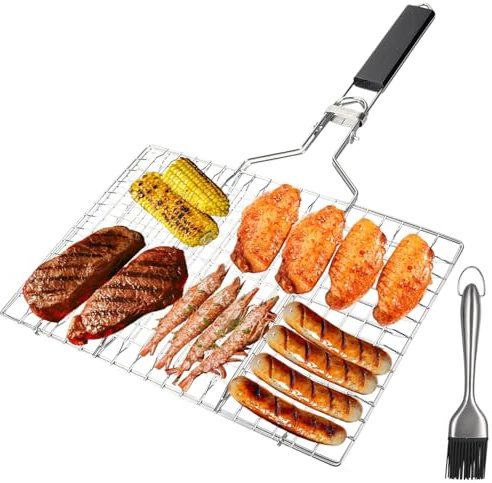 Grillkorg för fisk, 34 x 32 cm, fiskgrillgaller med silikonborste, vikbar fisktång för grillning, grillkorg, fiskbryggare med avtagbart handtag, fiskhållare för grillning för fiskgrönsaker, räkor