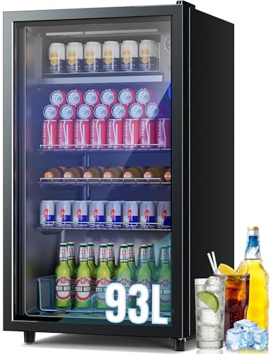 JUMMICO Frigorifero per bevande, 93 l, piccolo con illuminazione LED blu, frigorifero per birra con porta di design in vetro, con 3 ripiani e portabottiglie per soda/birra/vino [Classe di efficienz
