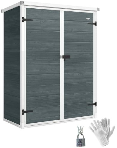 Outsunny Caseta de Jardín Exterior, 0,81 m², 134x68,5x170 cm, Cobertizo de Jardín Exterior de Plástico con Suelo, 2 Estantes Plegables, Puertas Dobles con Pestillo para Almacenaje Herramientas, Gris