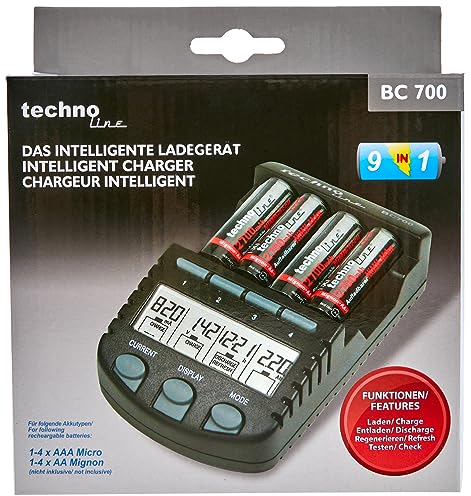 Techno line Techno line 700 Akku - Ladegerät mit LCD - Display, Microprozessor, Schnellladegerät für z. B. Eneloop Akkus, Panasonic Akkus, Varta Akkus, Ansmann Akkus und u.v.m., schwarz
