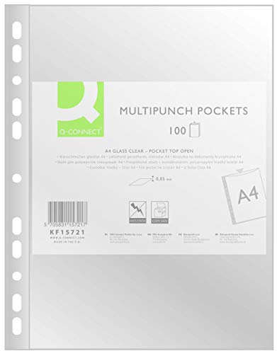Q-Connect Punched Pockets PP, A4, Cristal, 50 micrones, 100 Unidades
