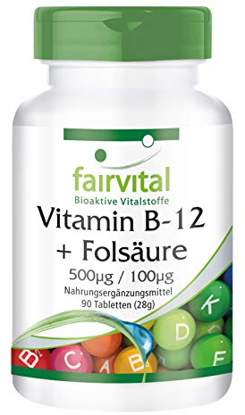 Fairvital | Vitamin B-12 Tabletten mit Folsäure - 90 Tabletten - HOCHDOSIERT - mit 500µg Vitamin B12 & 100µg Folsäure pro Tablette - VEGAN