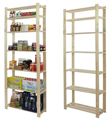 MODO24 Holzregal, 7 Regalböden, Eckregal, Standregal, Kellerregal, Lagerregal, Bücherregal, Wandregal, Büroregal, für Wohnzimmer, Küche, Keller, Garage, Abmessungen 220x80x28 cm, Farbe: Naturholz