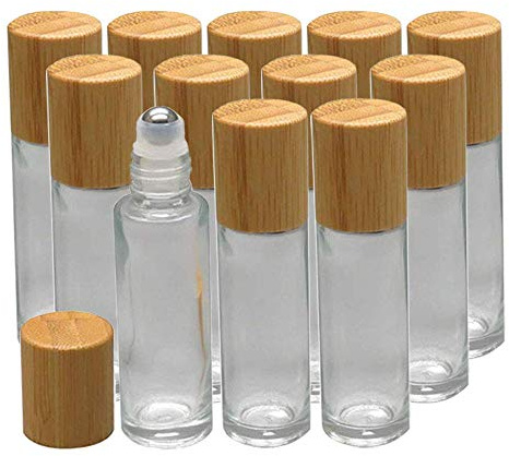 JAWSEU 12 stycken klara 10 ml glasflaskor tomma med bambulock, rulle på glasflaskor påfyllningsbar flaska för eterisk olja parfymflaskor med rullkula för kosmetika behållare resor, aromaterapi