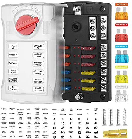 Jtron 12V Sicherungskasten kfz 12-Fach Sicherungshalter, Sicherungsdose Sicherungsträger mit LED-Anzeige Schutzabdeckung & 12pcs Standard Auto Sicherungen für Auto,Boot,RV,Van,Suv,LKW