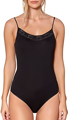 VEDATS Damen Body Spaghettiträger Unterhemd Bodysuit mit Spitze (M, Schwarz)